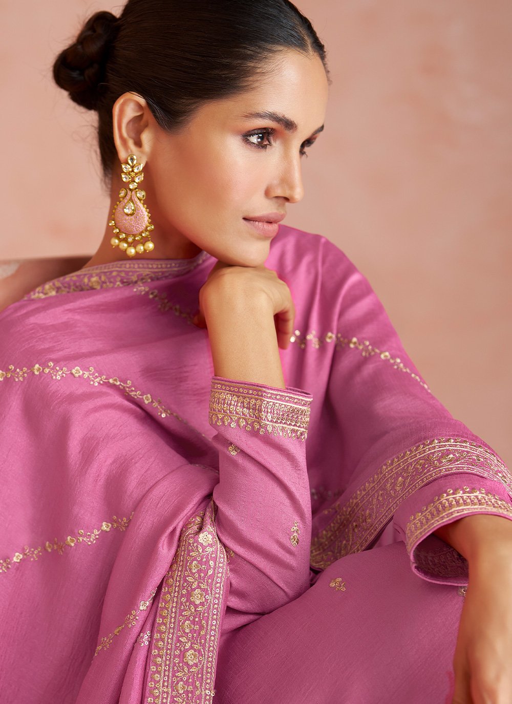 Palazzo Salwar Suit Silk Pink Embroidered Salwar Kameez
