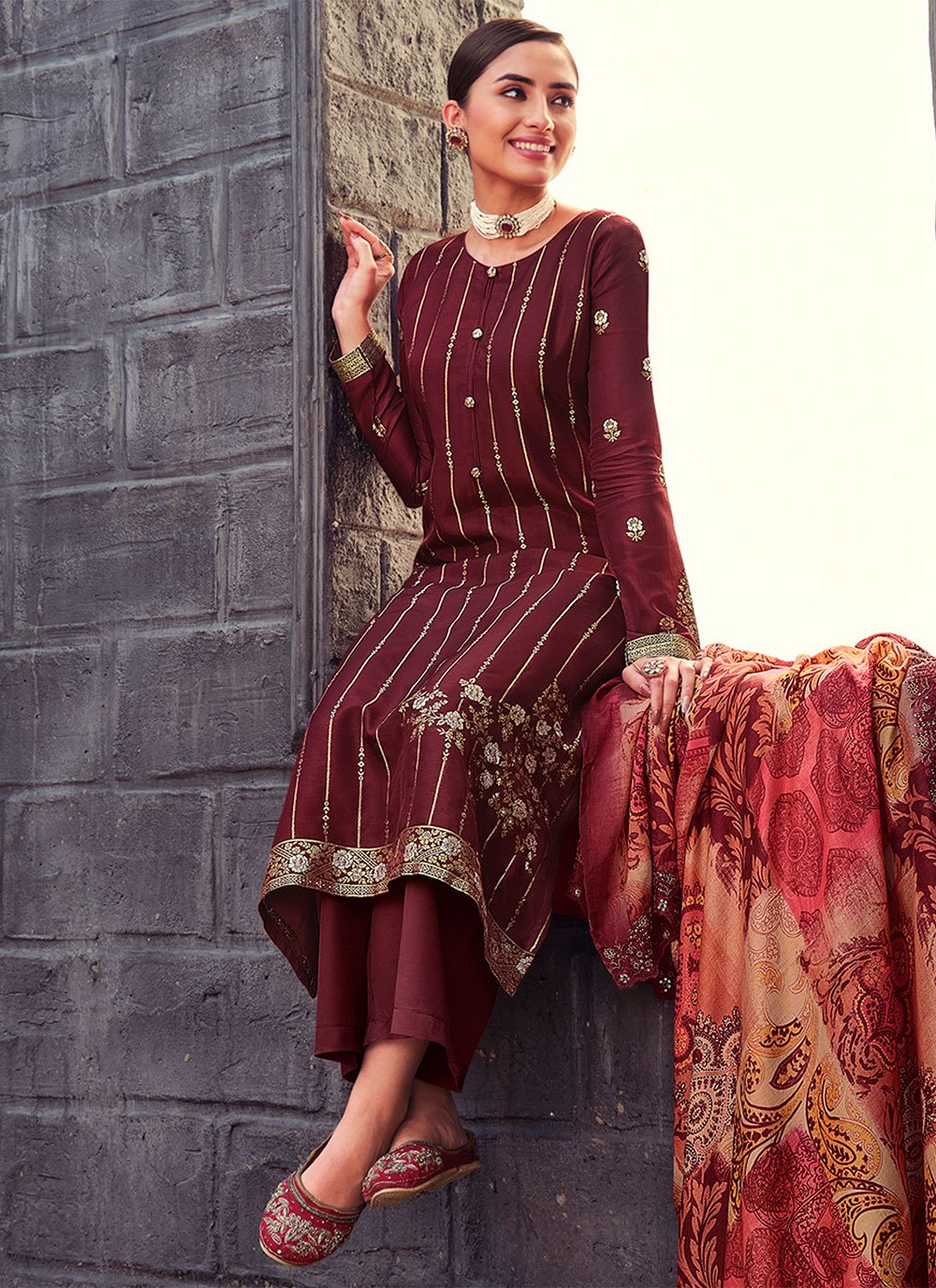Salwar Suit Silk Wine Embroidered Salwar Kameez