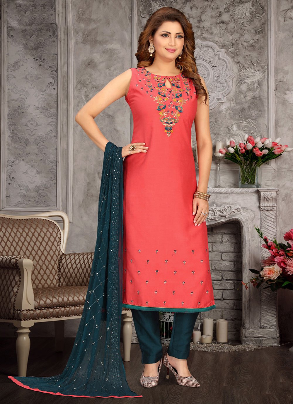 Trendy Suit Silk Peach Embroidered Salwar Kameez