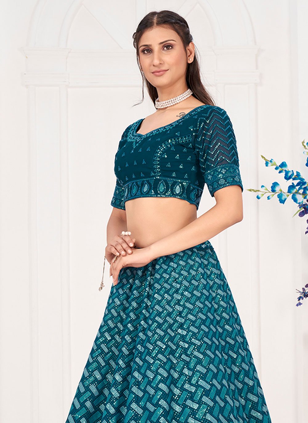 A Line Lehenga Georgette Teal Embroidered Lehenga Choli