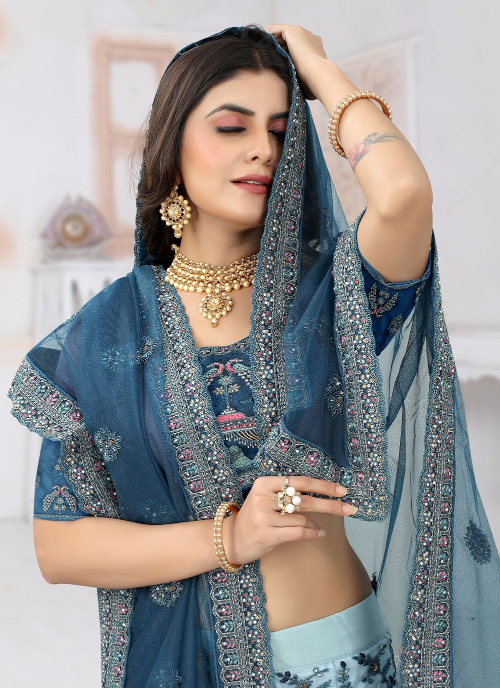 Lehenga Choli Net Teal Embroidered Lehenga Choli