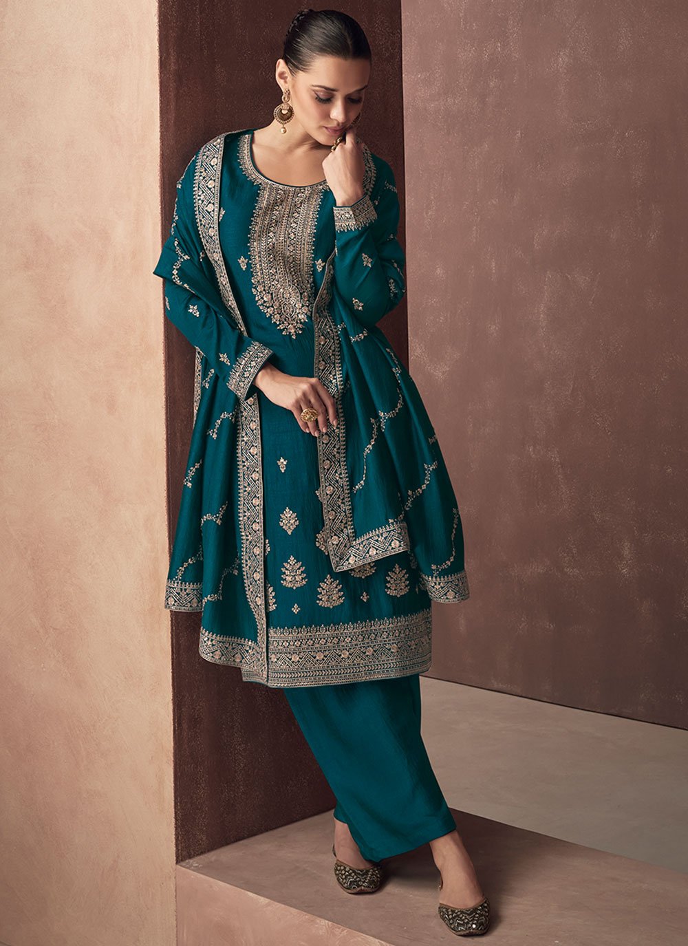Salwar Suit Silk Teal Embroidered Salwar Kameez
