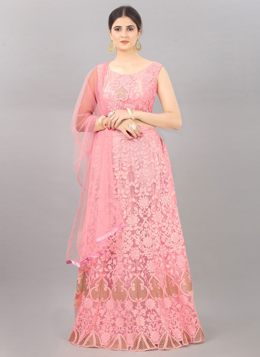Lehenga Choli Net Pink Embroidered Lehenga Choli