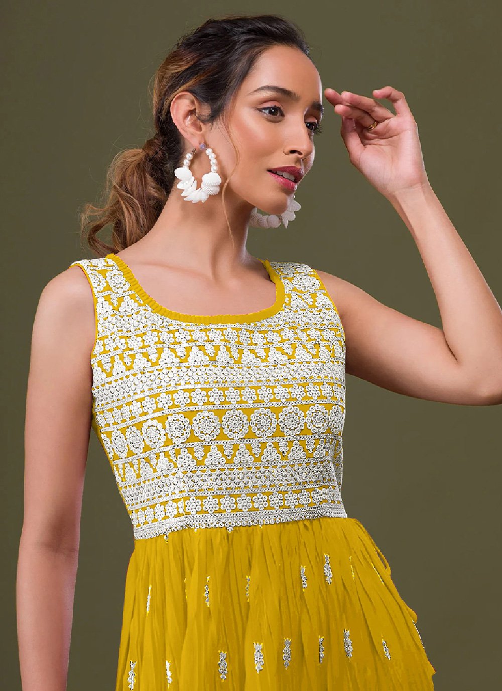 Salwar Suit Faux Georgette Yellow Embroidered Salwar Kameez