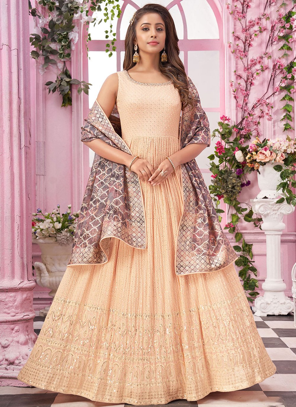 Trendy Suit Georgette Peach Embroidered Salwar Kameez