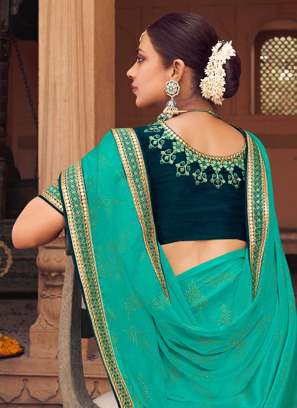 Trendy Saree Chiffon Satin Turquoise Embroidered Saree