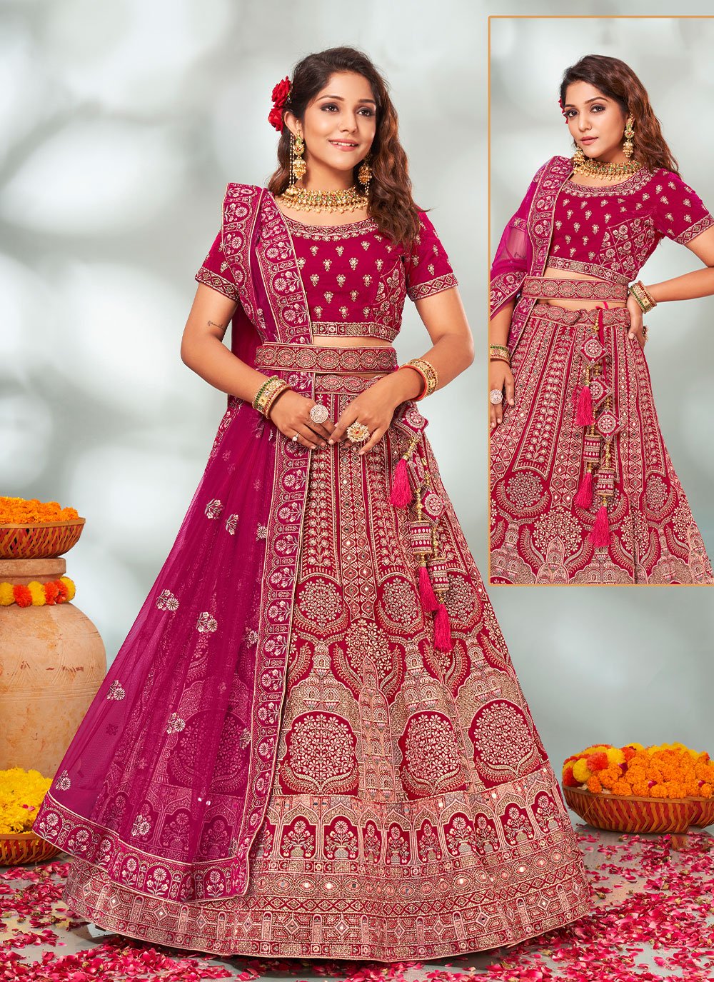 Lehenga Choli Velvet Rani Embroidered Lehenga Choli
