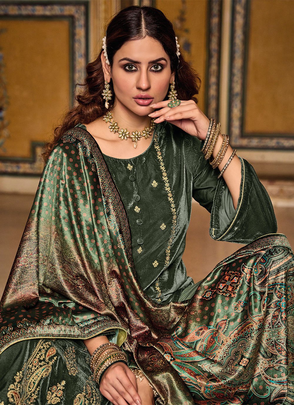 Pant Style Suit Velvet Green Embroidered Salwar Kameez