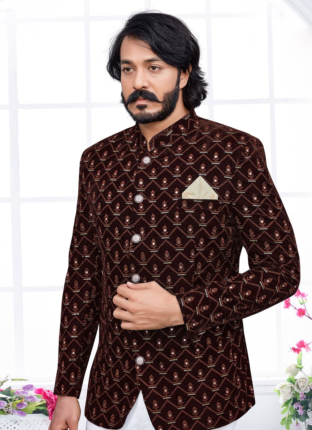 Jodhpuri Suit Velvet Brown Embroidered Mens