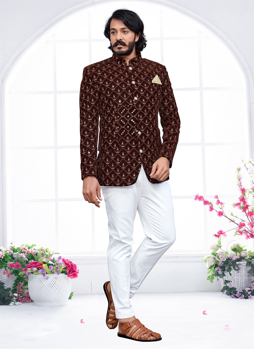 Jodhpuri Suit Velvet Brown Embroidered Mens