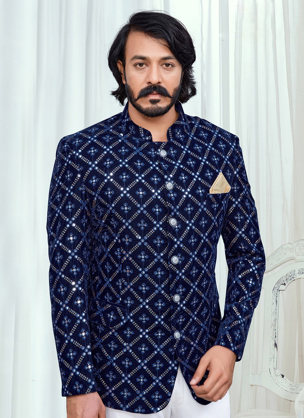 Jodhpuri Suit Velvet Blue Embroidered Mens