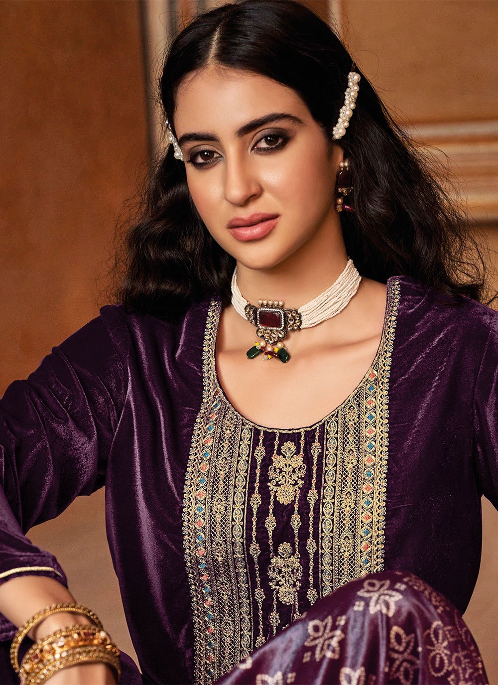 Salwar Suit Velvet Purple Embroidered Salwar Kameez