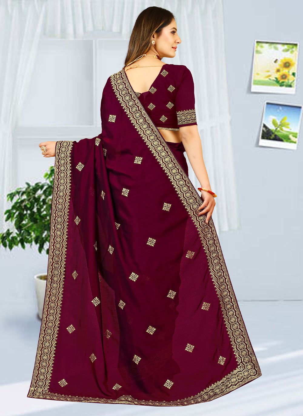 Contemporary Georgette Wine Embroidered Saree