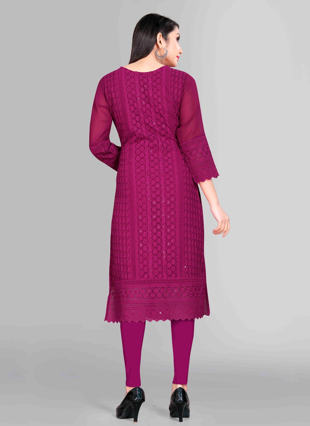 Designer Kurti Chiffon Georgette Wine Embroidered Kurtis