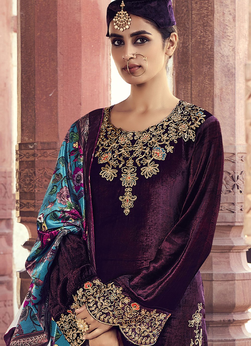 Trendy Suit Velvet Wine Embroidered Salwar Kameez