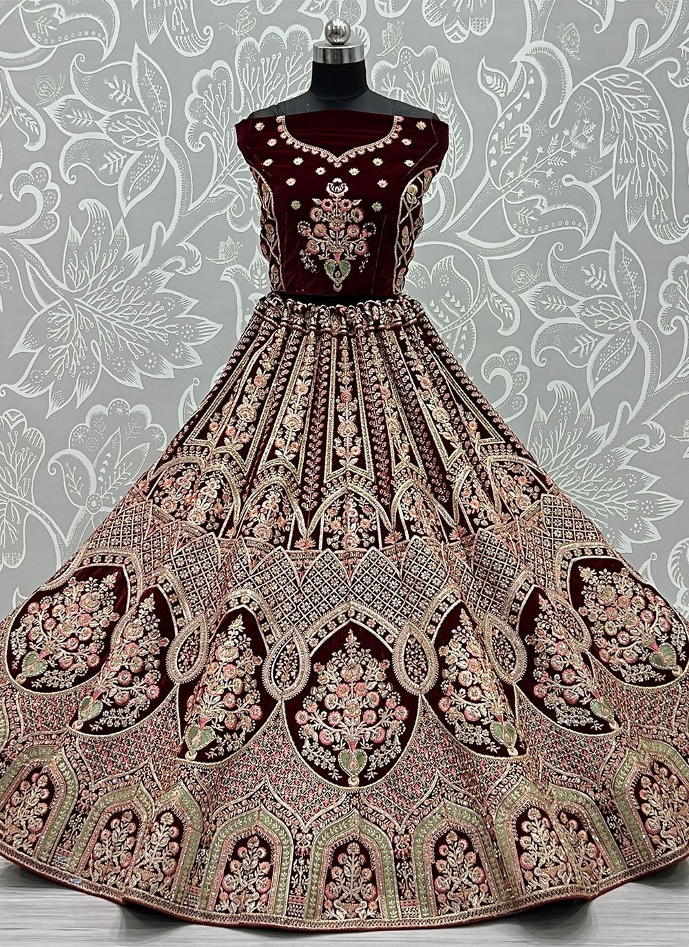 Lehenga Choli Velvet Wine Diamond Lehenga Choli
