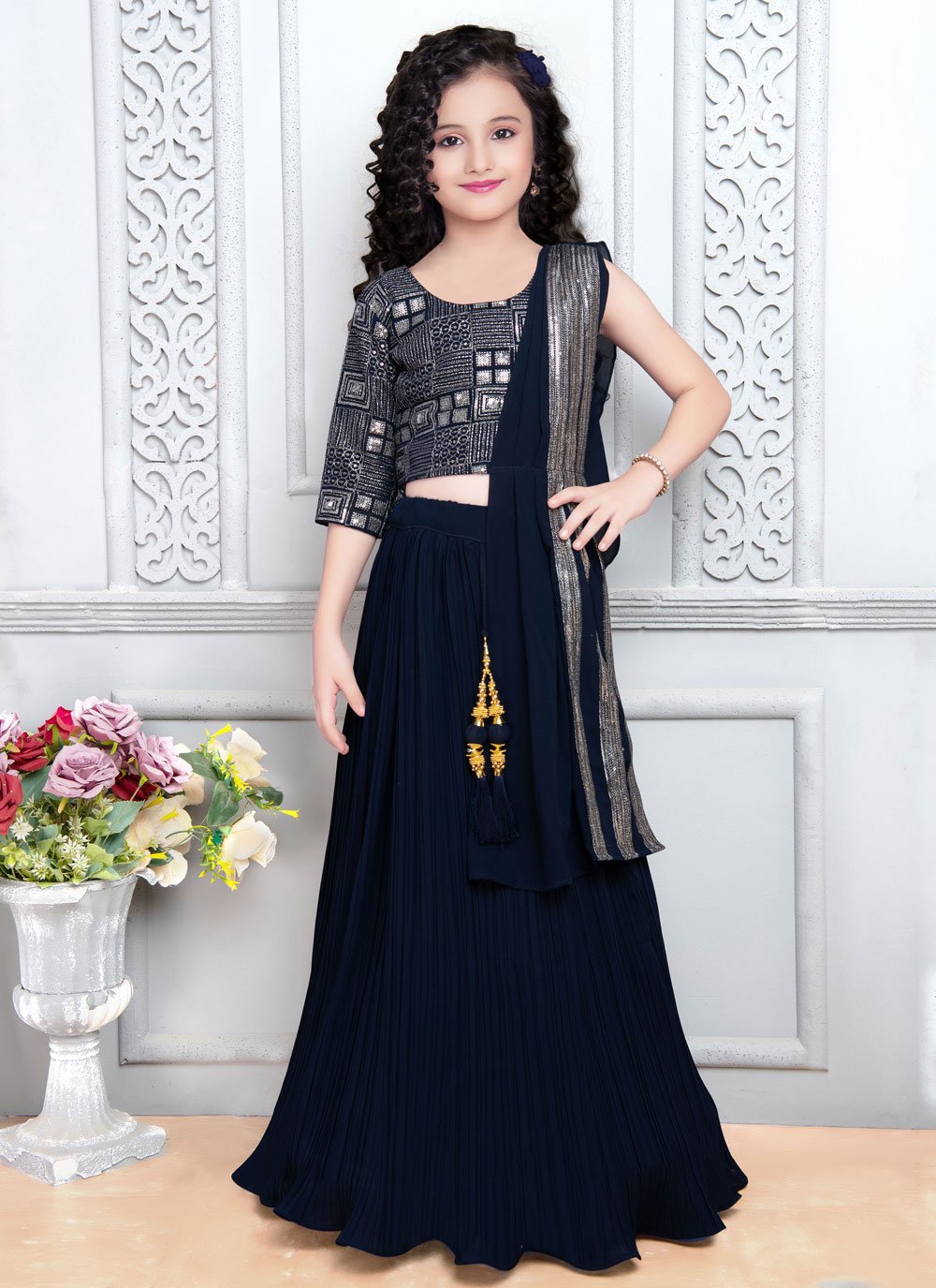 Lehenga Choli Georgette Blue Embroidered Kids