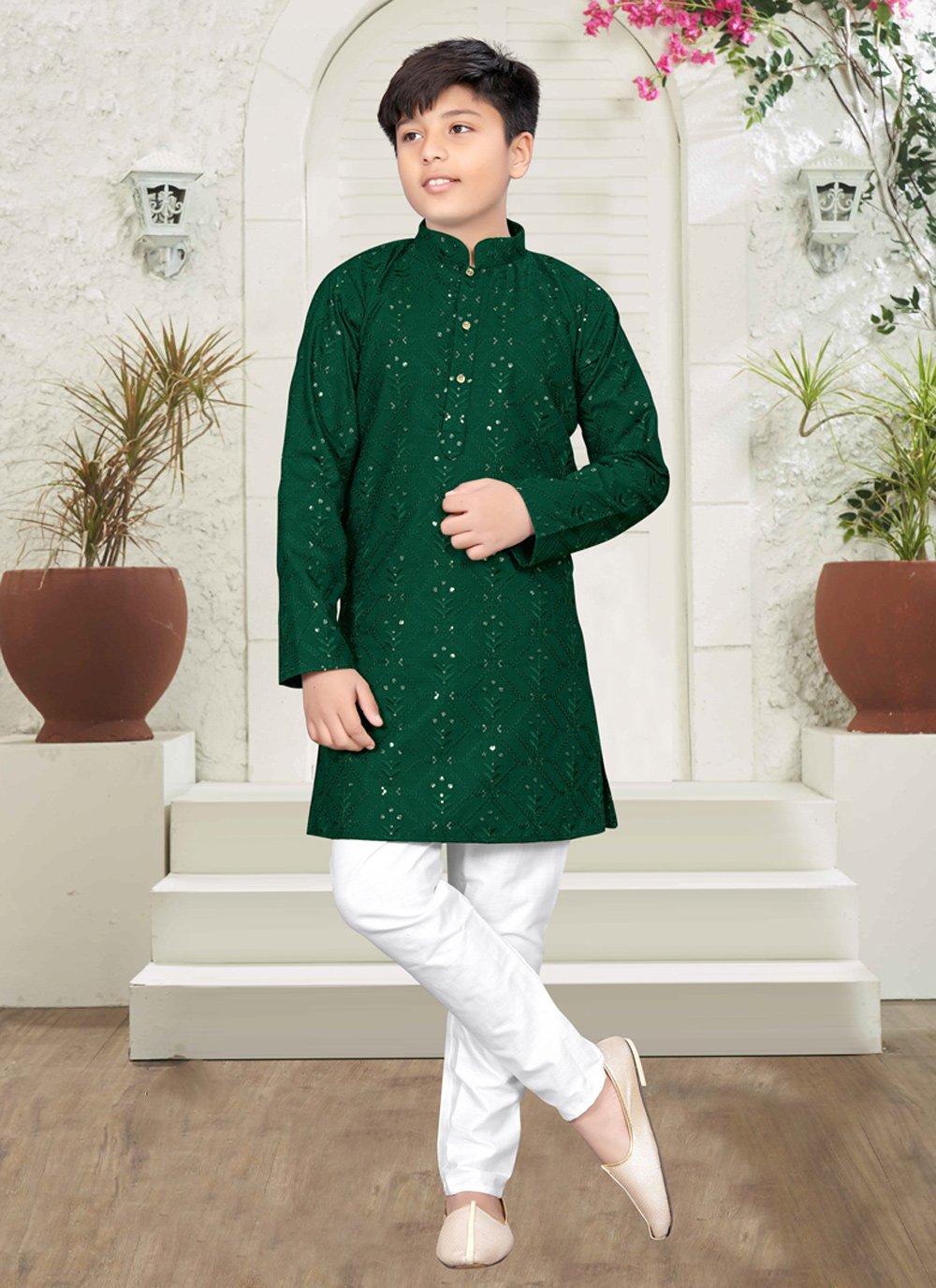 Kurta Pyjama Cotton Green Embroidered Kids