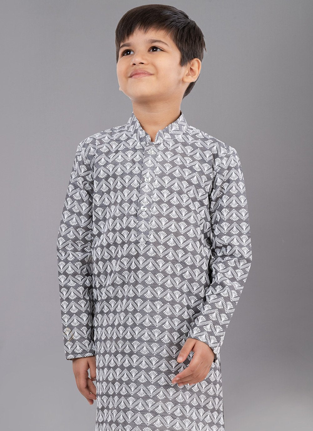 Kurta Pyjama Cotton Silk Grey Embroidered Kids