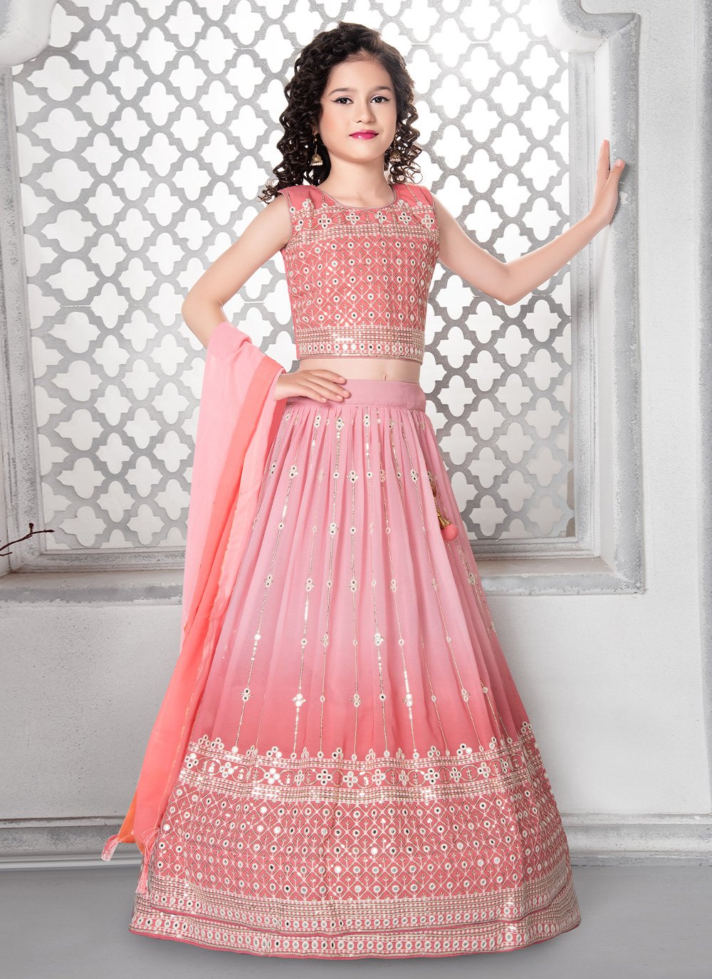 Lehenga Choli Faux Georgette Pink Embroidered Kids