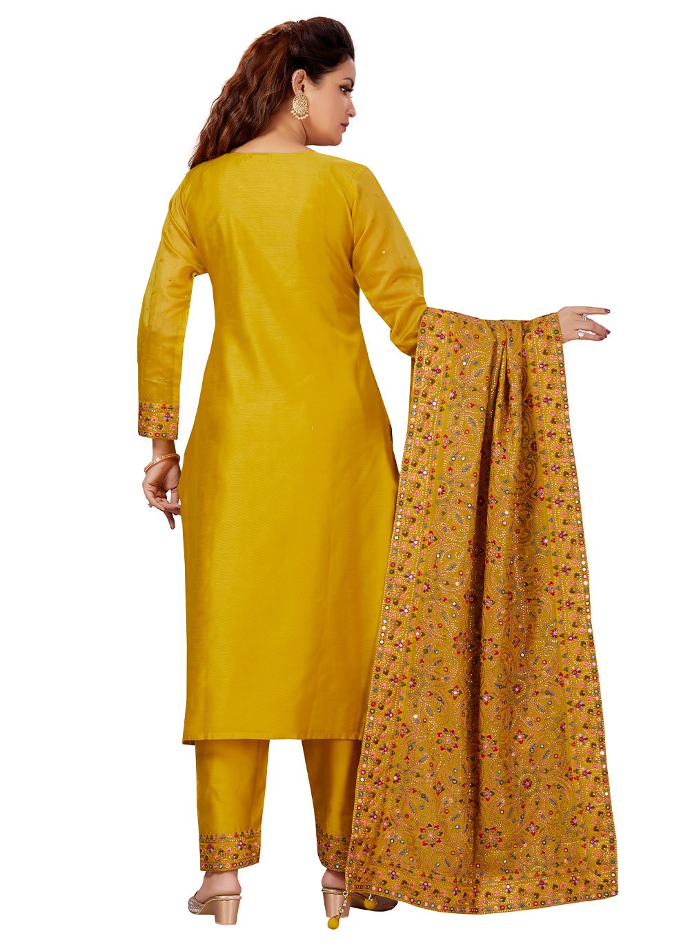 Pant Style Suit Chanderi Yellow Embroidered Salwar Kameez