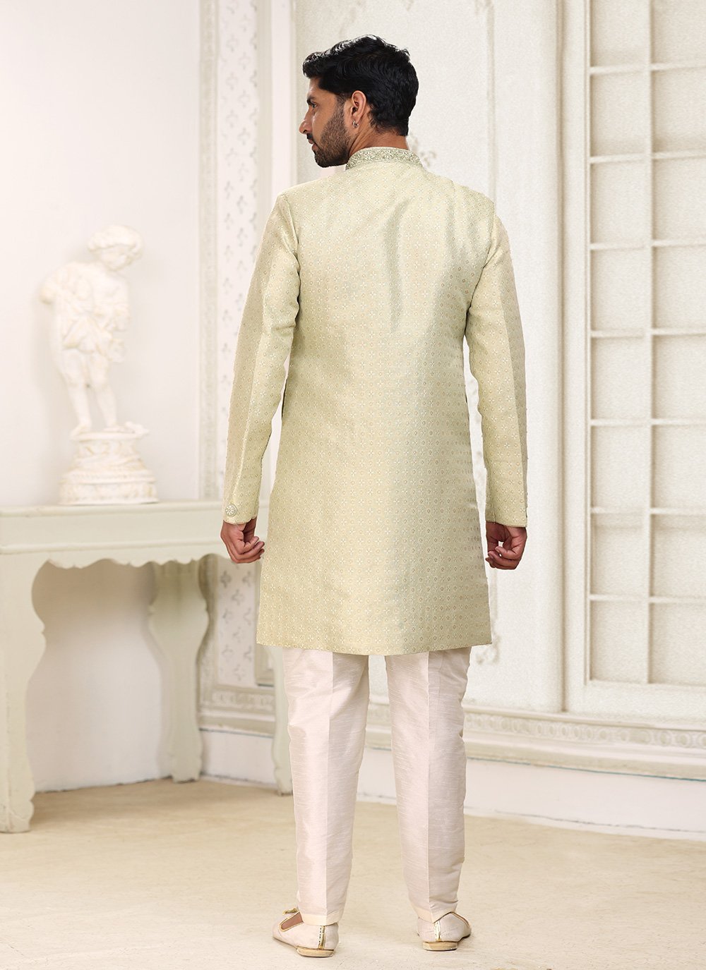 Indo Western Banarasi Jacquard Green Fancy Work Mens