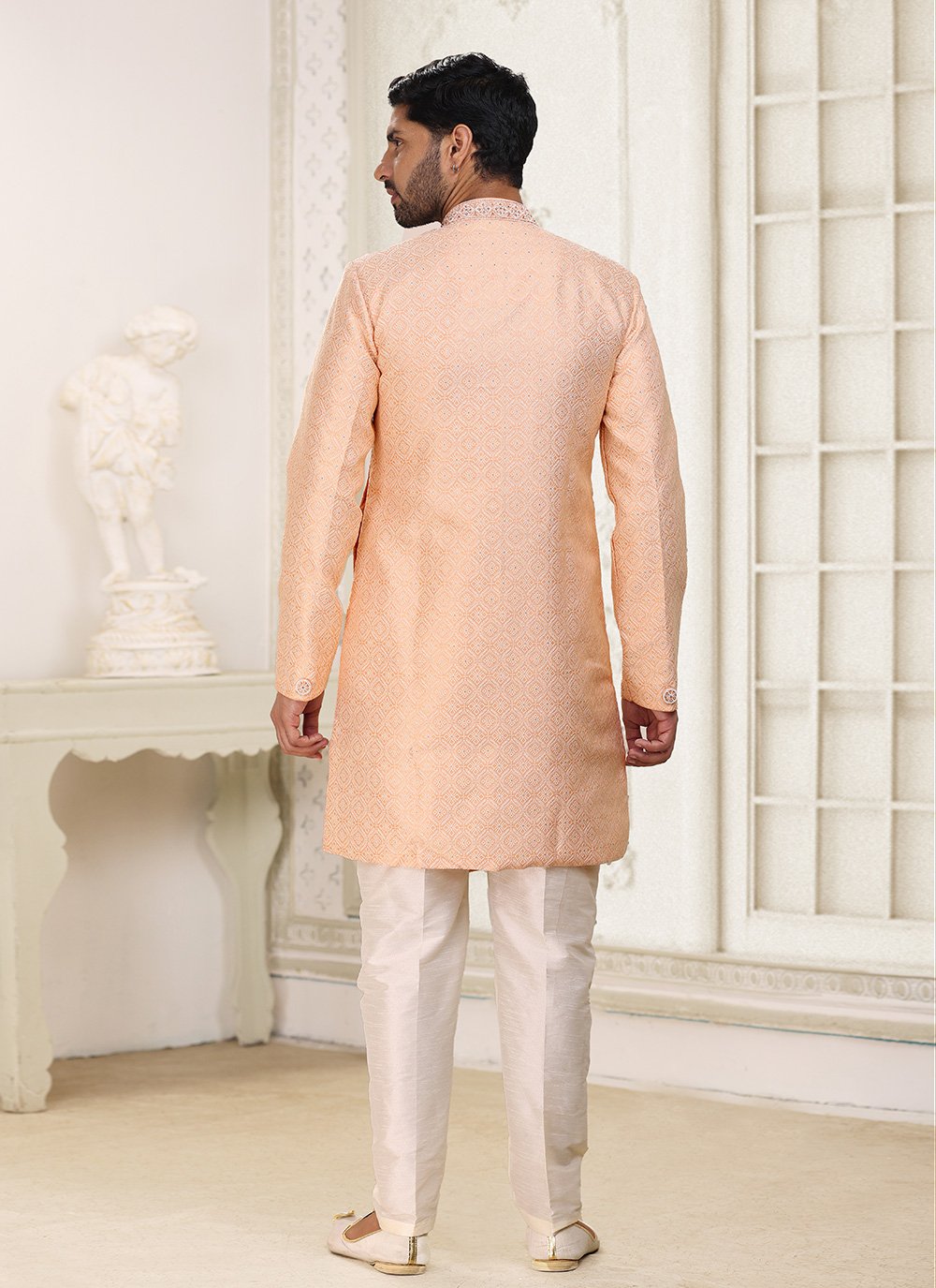 Indo Western Banarasi Jacquard Peach Fancy Work Mens