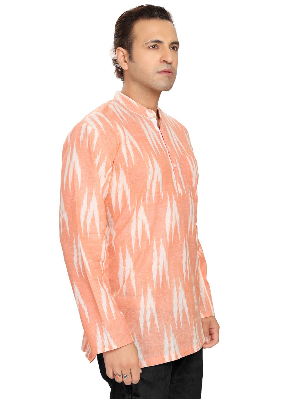 Short Kurta Blended Cotton Peach Fancy Work Mens