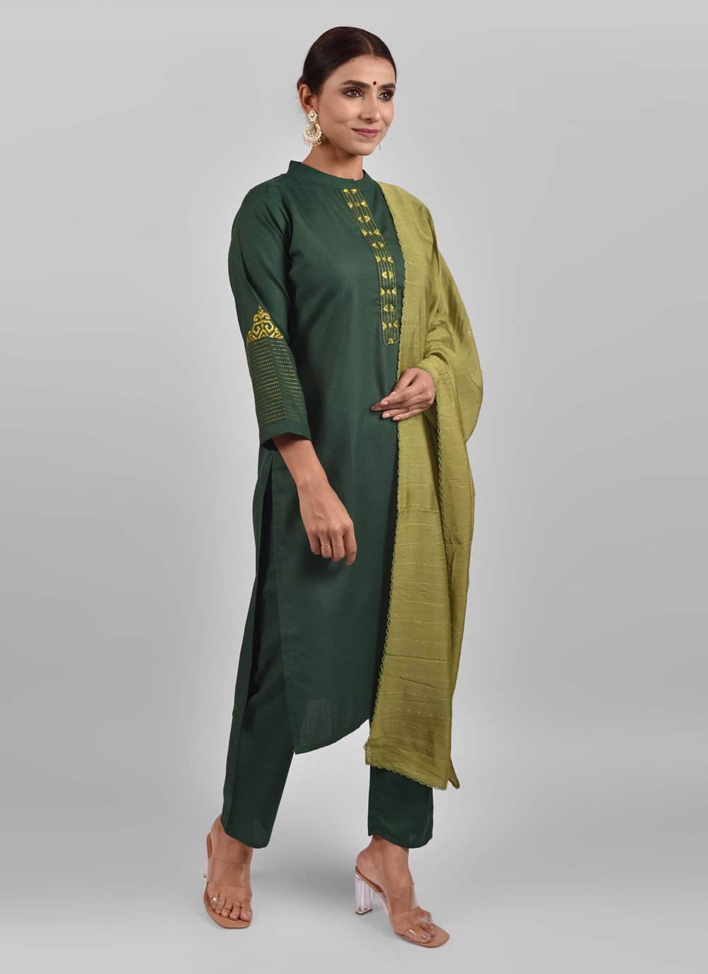 Pant Style Suit Cotton Green Fancy Work Salwar Kameez