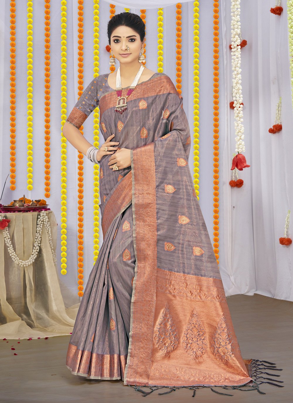 Designer Organza Grey Fancy Work Saree
