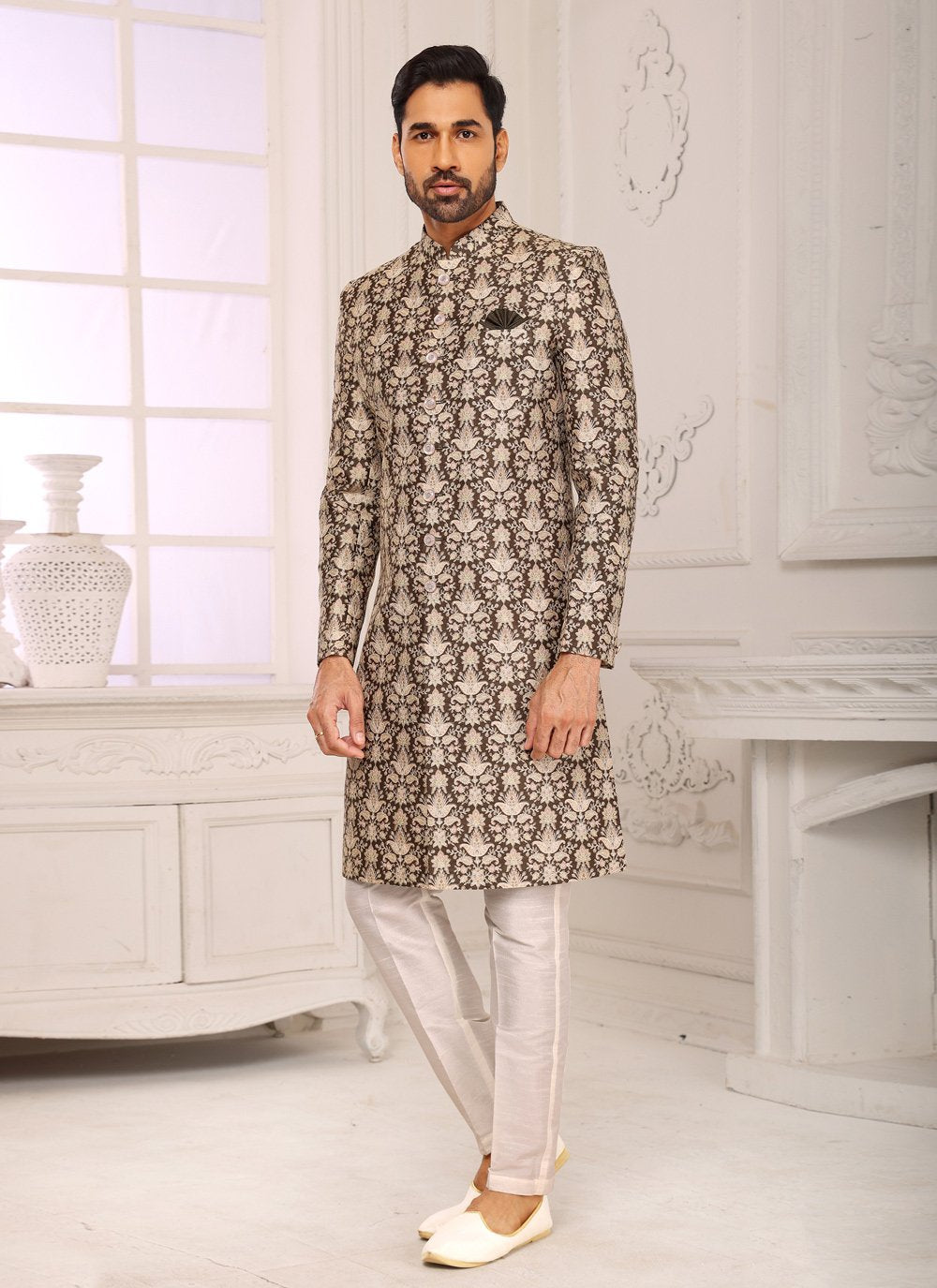 Indo Western Sherwani Fancy Fabric Green Digital Print Mens