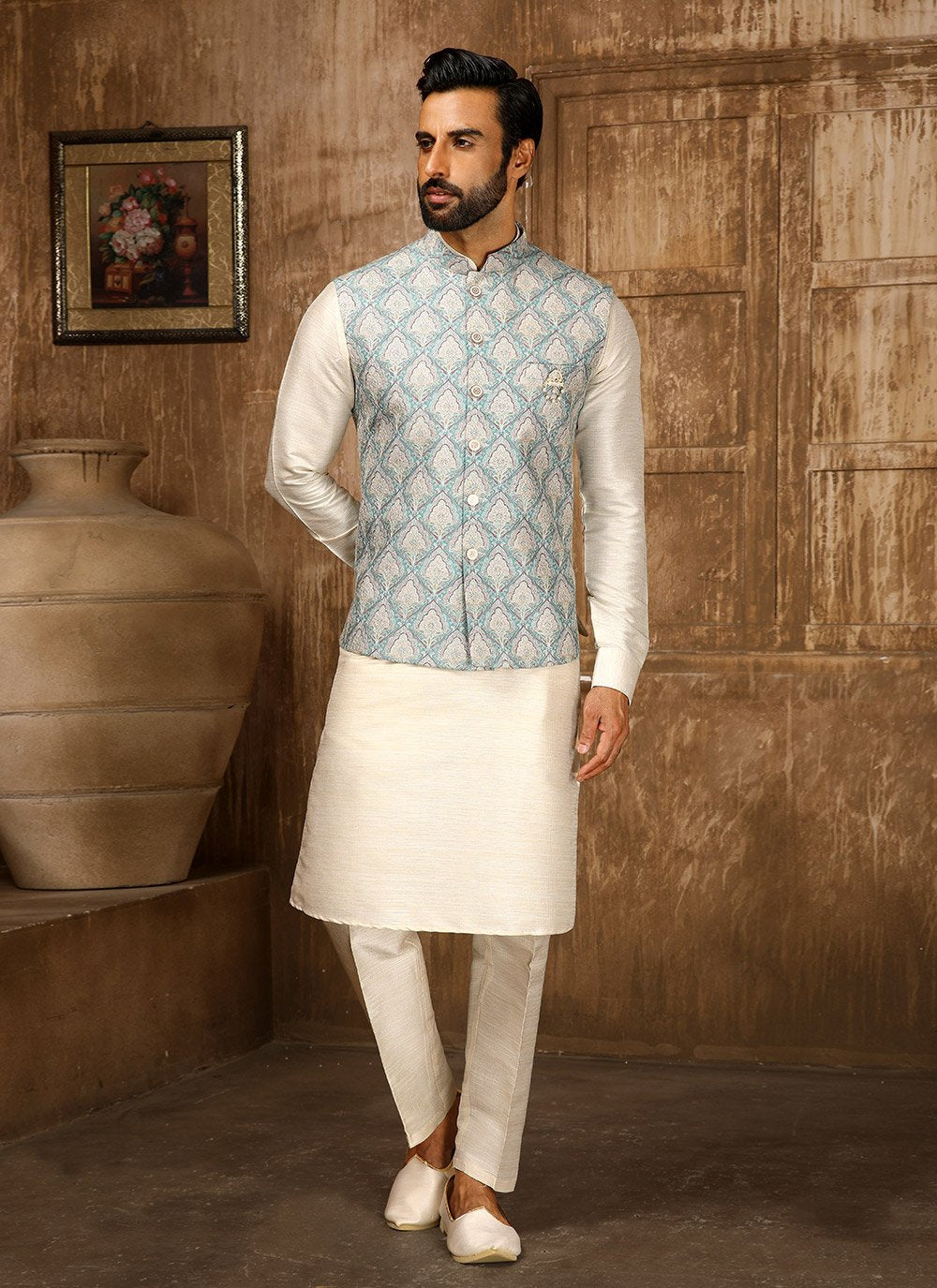 Kurta Payjama With Jacket Fancy Fabric Cream Green Digital Print Mens