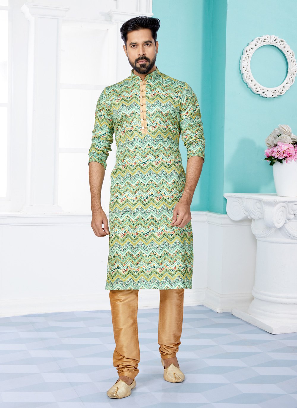 Kurta Pyjama Fancy Fabric Green Multi Colour Digital Print Mens
