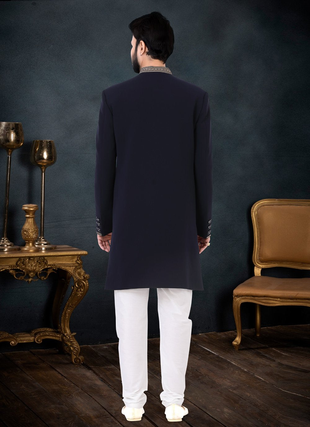 Indo Western Sherwani Fancy Fabric Blue Embroidered Mens