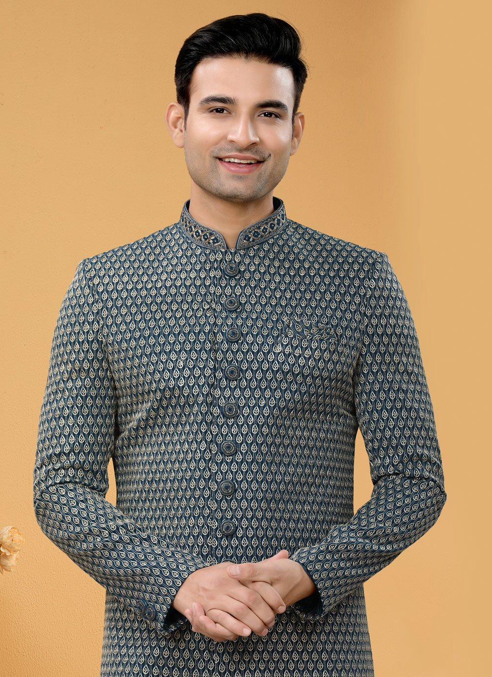 Indo Western Sherwani Fancy Fabric Green Hand Work Mens