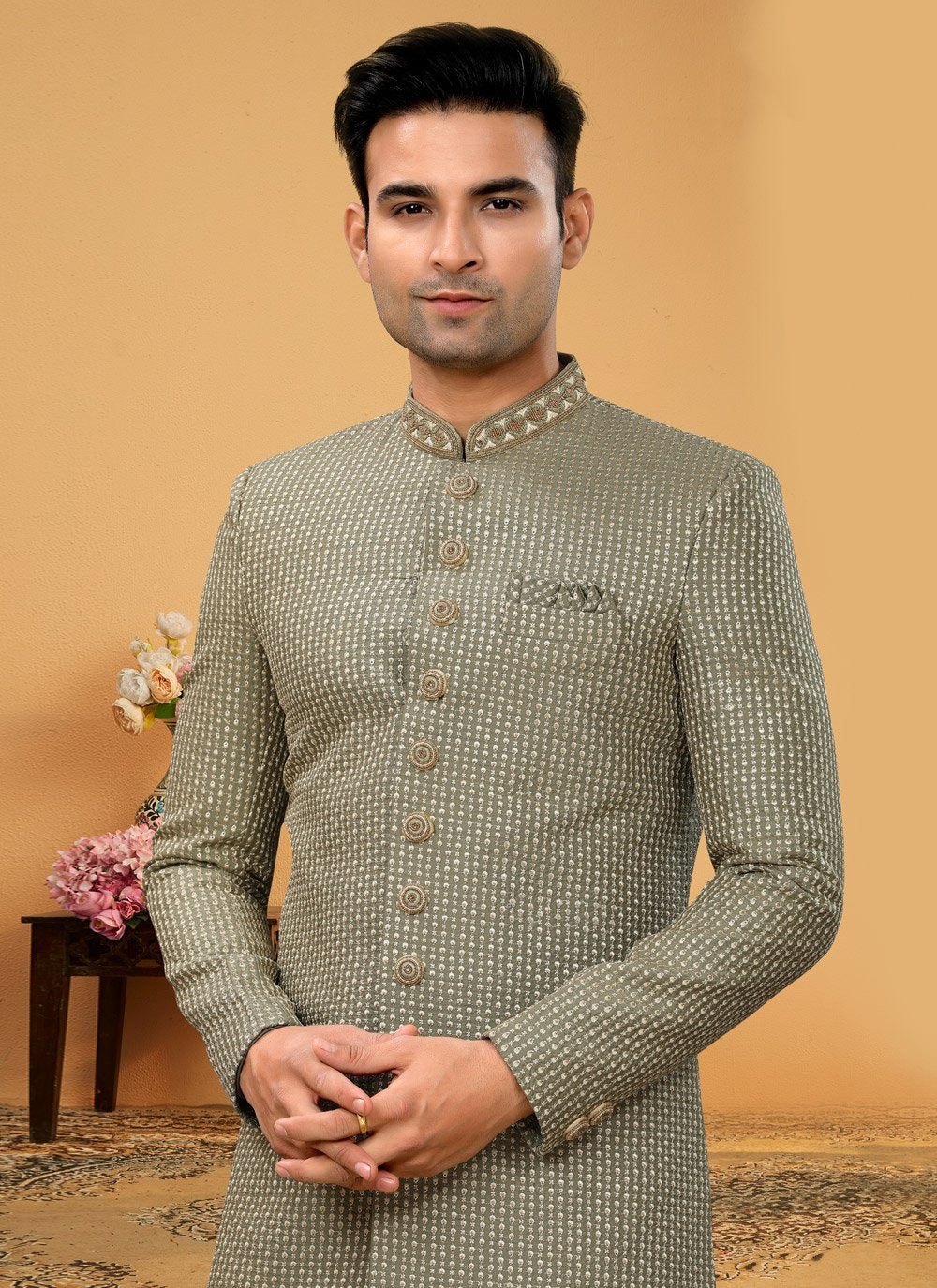 Indo Western Sherwani Fancy Fabric Green Hand Work Mens