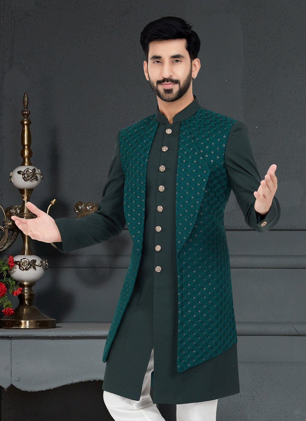 Indo Western Fancy Fabric Green Embroidered Mens