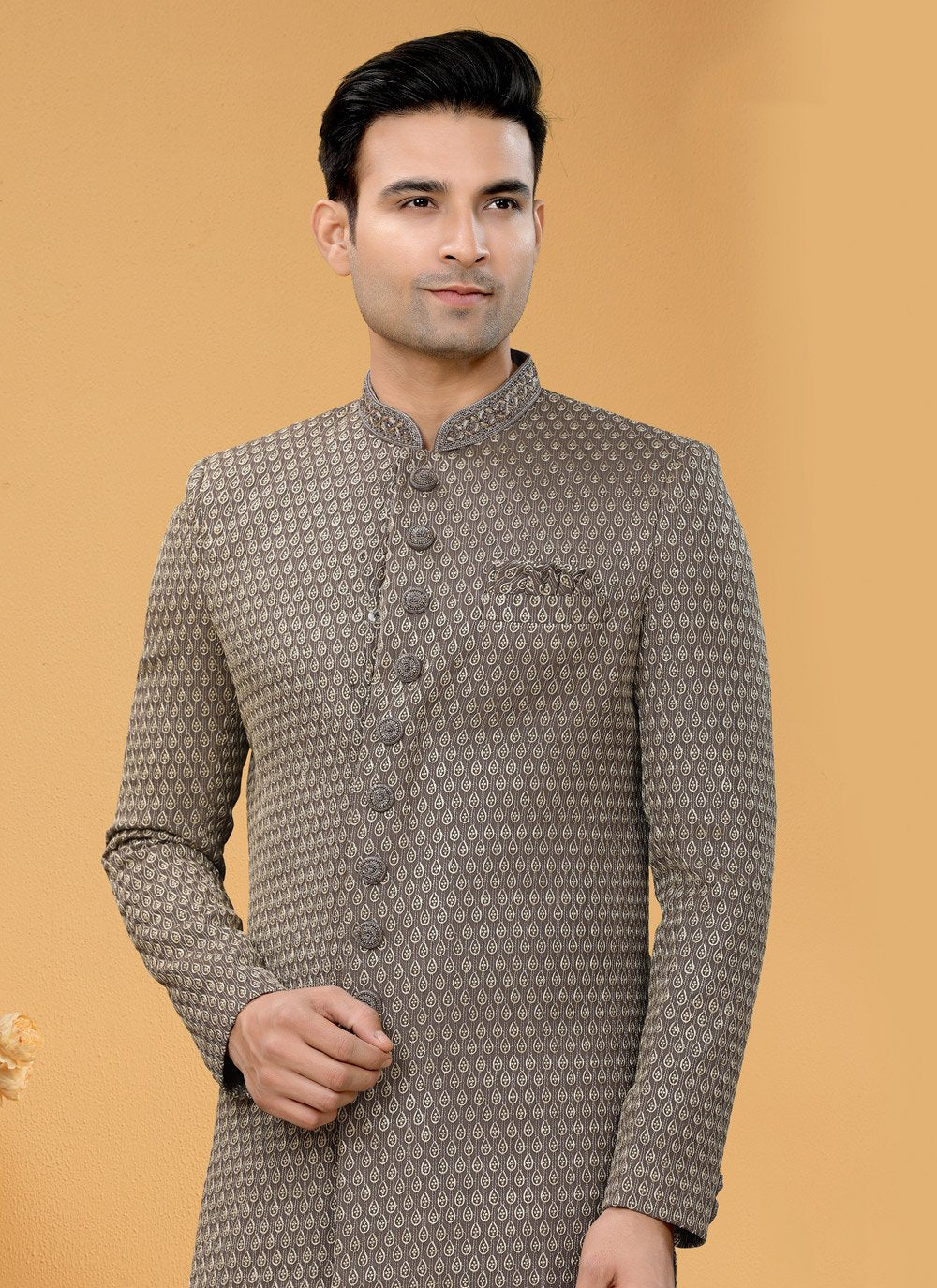 Indo Western Sherwani Fancy Fabric Brown Hand Work Mens