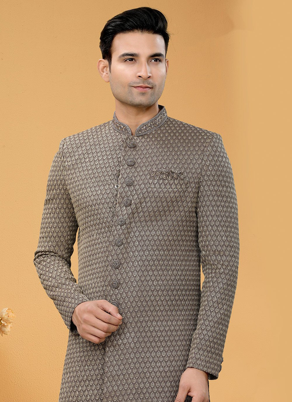Indo Western Sherwani Fancy Fabric Brown Hand Work Mens