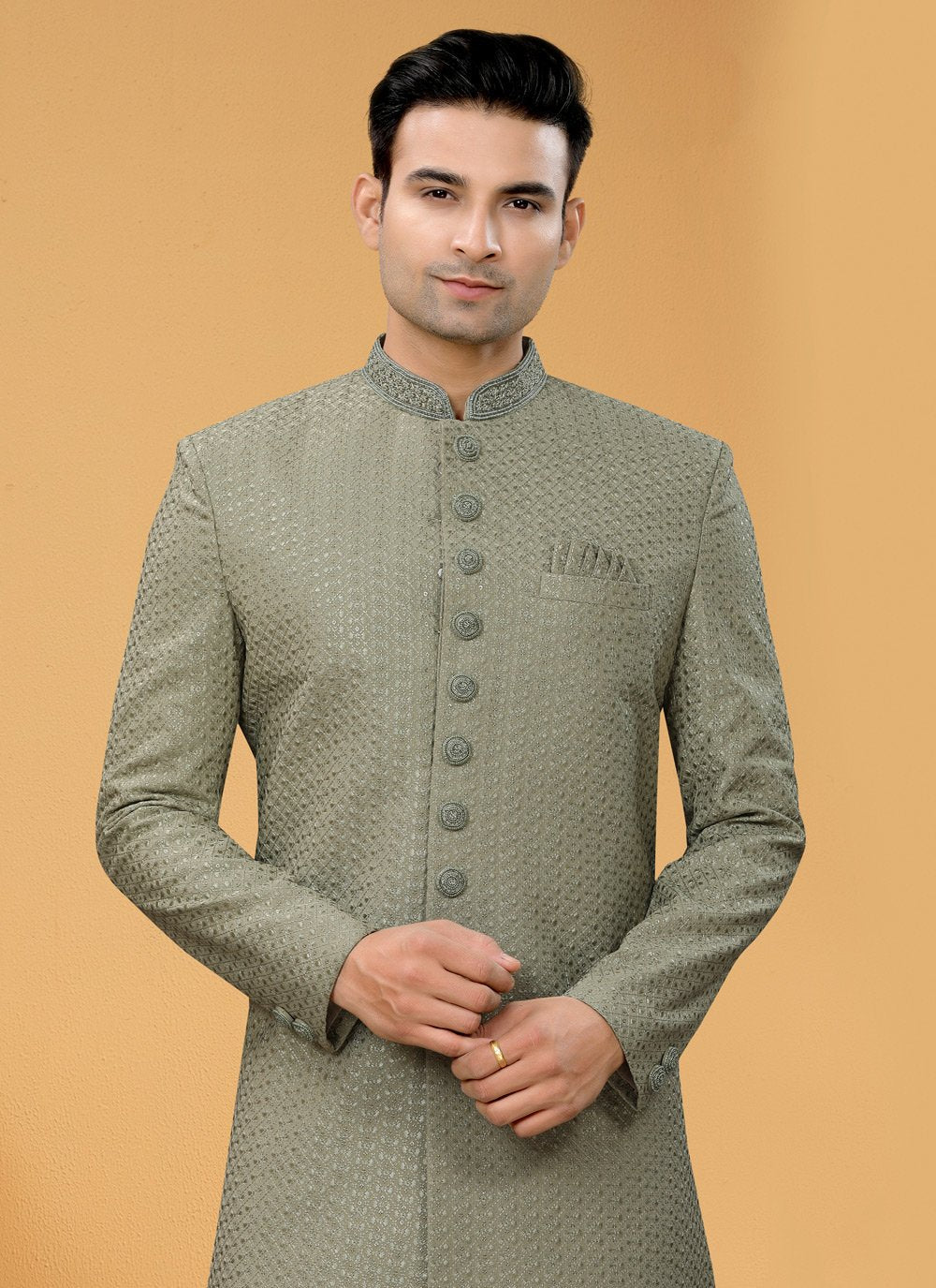 Indo Western Sherwani Fancy Fabric Green Hand Work Mens