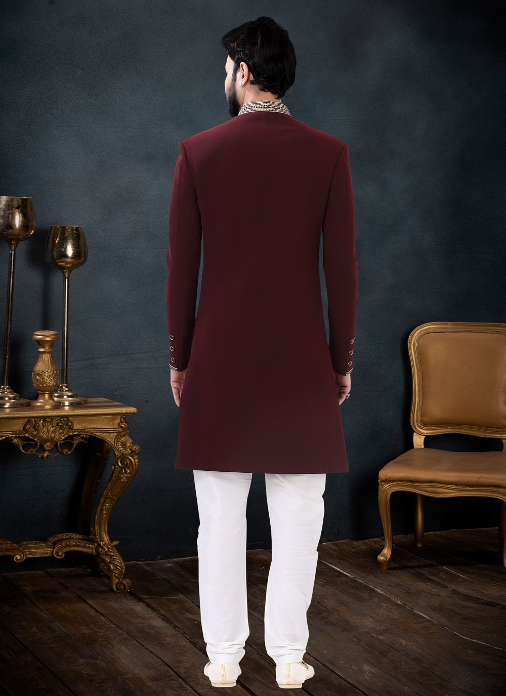 Indo Western Sherwani Fancy Fabric Maroon Embroidered Mens