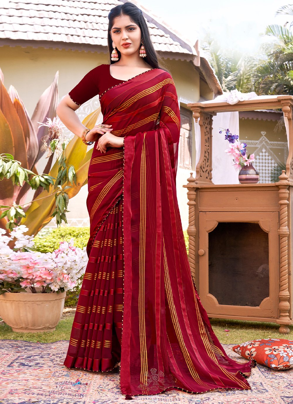 Classic Fancy Fabric Maroon Woven Saree