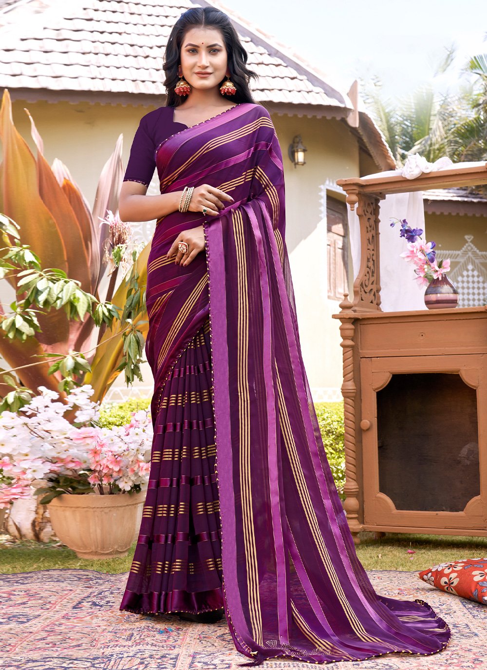 Trendy Saree Fancy Fabric Purple Woven Saree