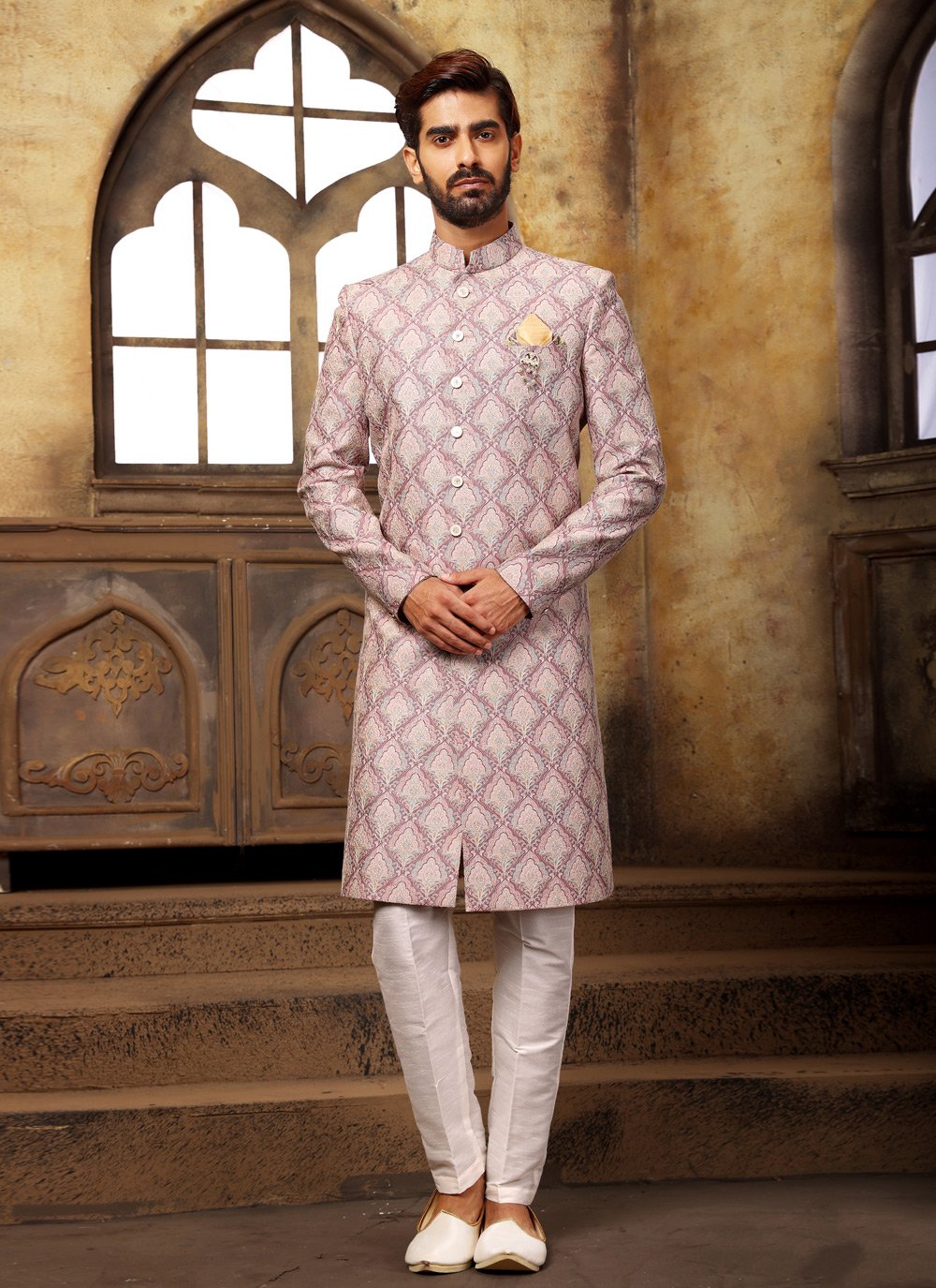Indo Western Sherwani Fancy Fabric Mauve Digital Print Mens