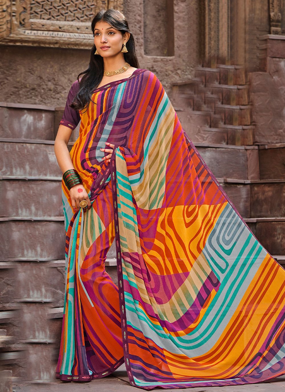 Classic Georgette Multi Colour Fancy Work Saree