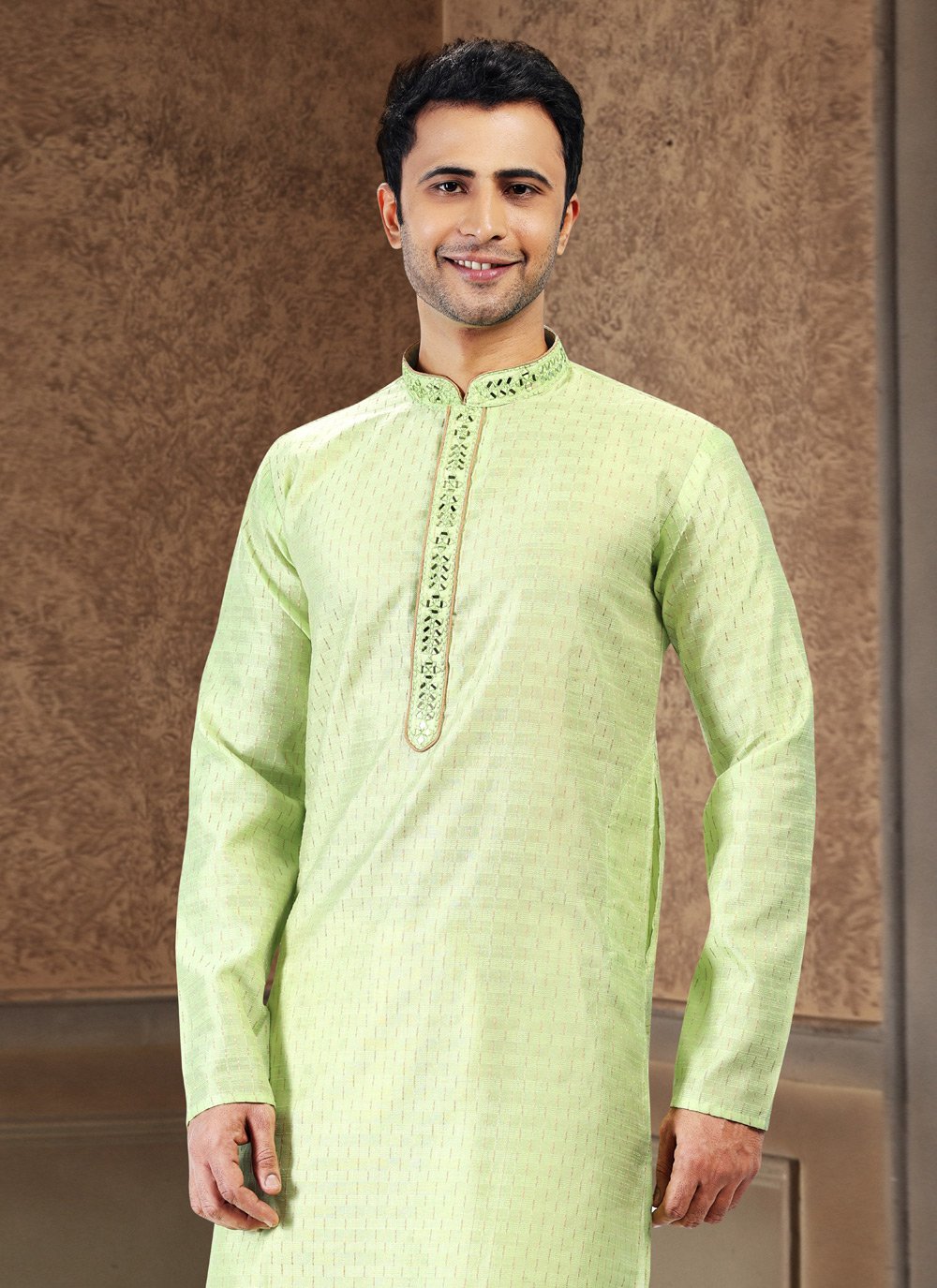 Kurta Pyjama Art Silk Jacquard Green Fancy Work Mens