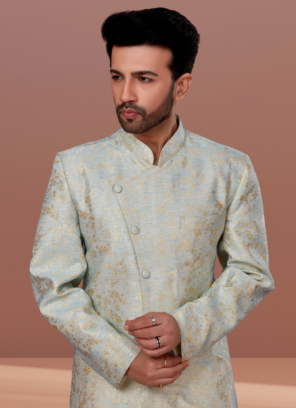 Indo Western Jacquard Linen Green Fancy Work Mens