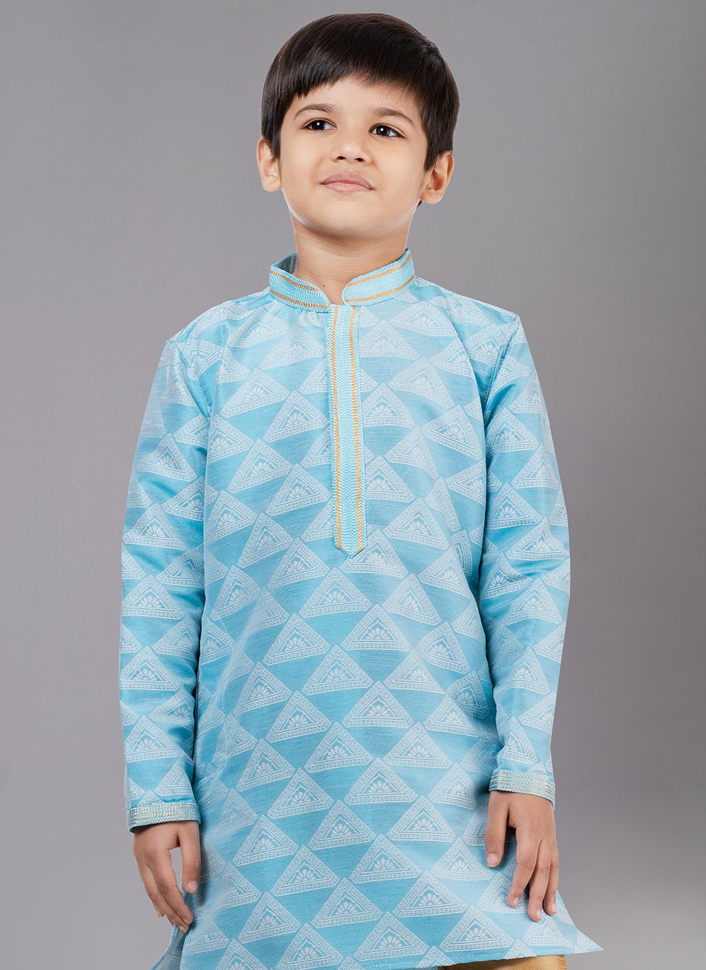 Kurta Pyjama Jacquard Silk Aqua Blue Fancy Work Kids