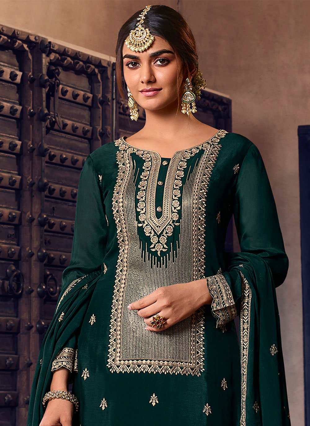 Salwar Suit Faux Chiffon Teal Embroidered Salwar Kameez