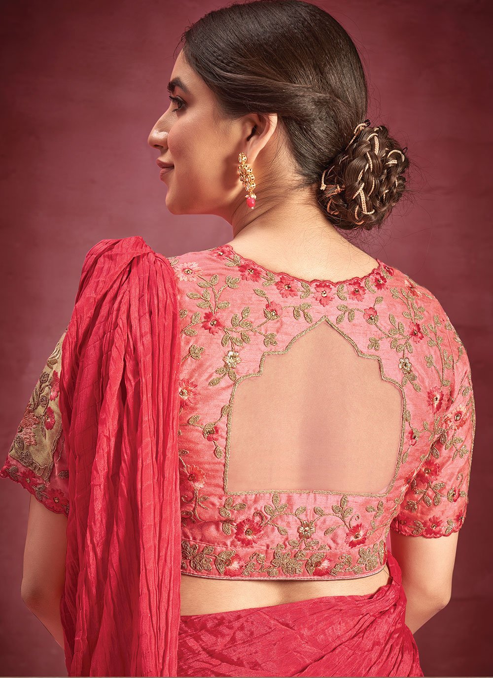 Contemporary Faux Crepe Silk Pink Embroidered Saree